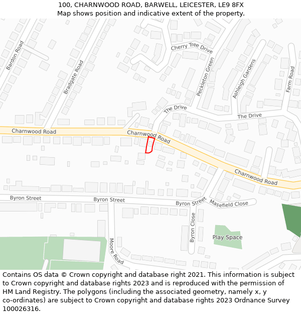 100, CHARNWOOD ROAD, BARWELL, LEICESTER, LE9 8FX: Location map and indicative extent of plot