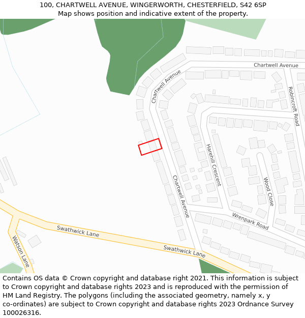 100, CHARTWELL AVENUE, WINGERWORTH, CHESTERFIELD, S42 6SP: Location map and indicative extent of plot