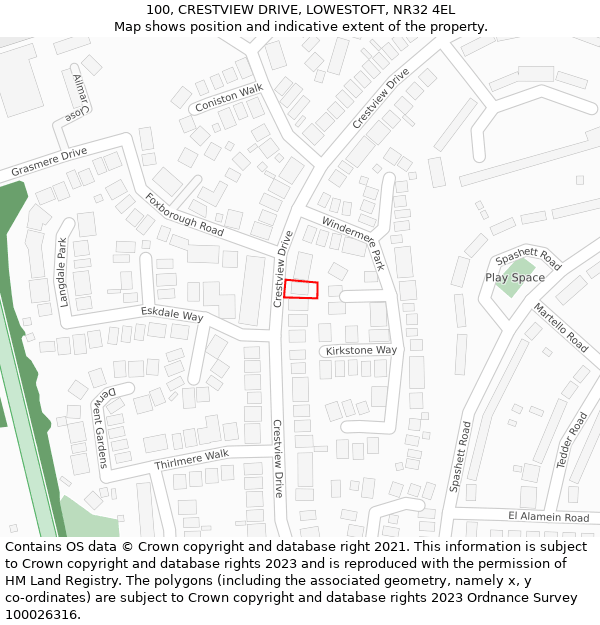 100, CRESTVIEW DRIVE, LOWESTOFT, NR32 4EL: Location map and indicative extent of plot