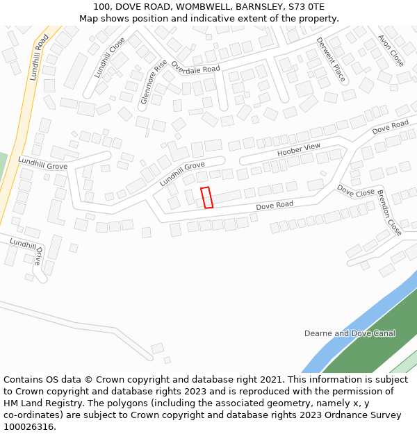 100, DOVE ROAD, WOMBWELL, BARNSLEY, S73 0TE: Location map and indicative extent of plot
