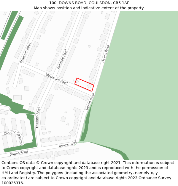 100, DOWNS ROAD, COULSDON, CR5 1AF: Location map and indicative extent of plot