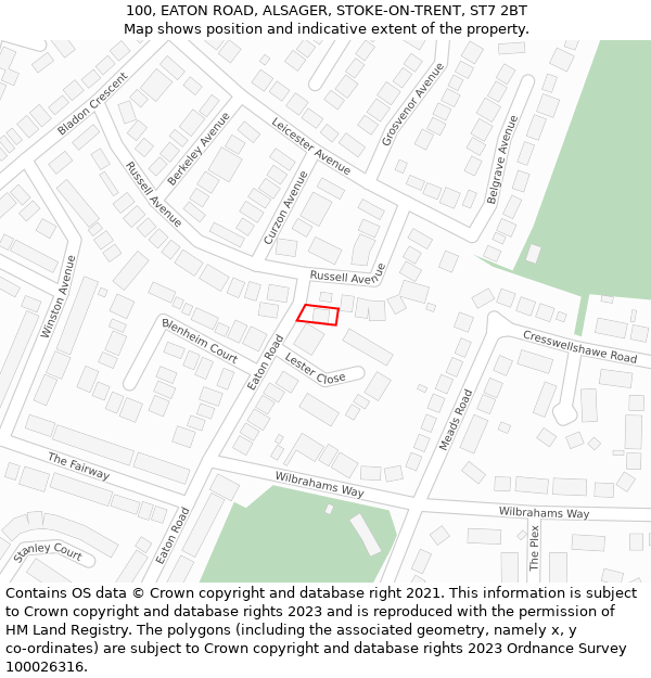 100, EATON ROAD, ALSAGER, STOKE-ON-TRENT, ST7 2BT: Location map and indicative extent of plot