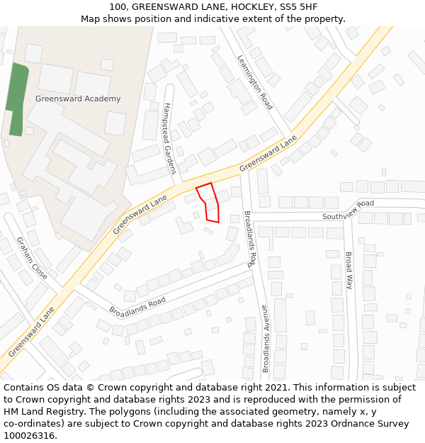 100, GREENSWARD LANE, HOCKLEY, SS5 5HF: Location map and indicative extent of plot