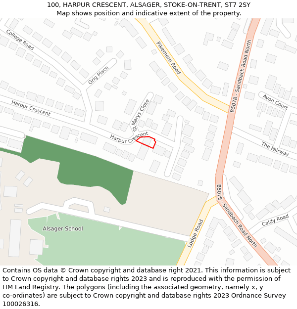 100, HARPUR CRESCENT, ALSAGER, STOKE-ON-TRENT, ST7 2SY: Location map and indicative extent of plot