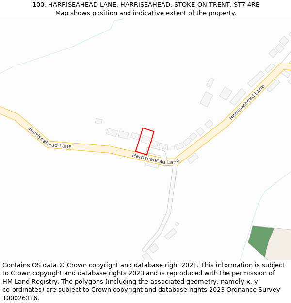 100, HARRISEAHEAD LANE, HARRISEAHEAD, STOKE-ON-TRENT, ST7 4RB: Location map and indicative extent of plot