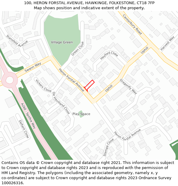 100, HERON FORSTAL AVENUE, HAWKINGE, FOLKESTONE, CT18 7FP: Location map and indicative extent of plot