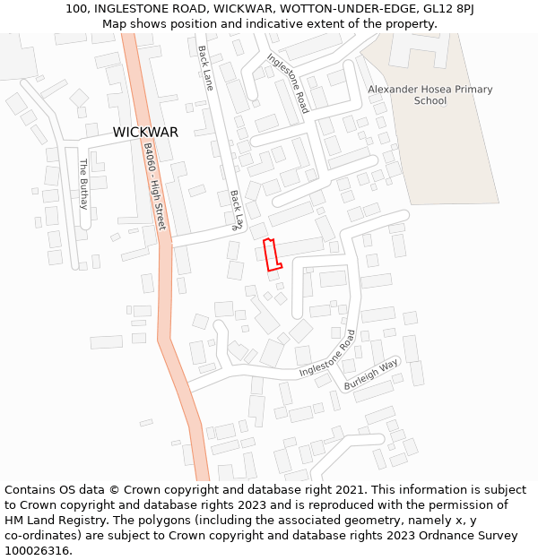 100, INGLESTONE ROAD, WICKWAR, WOTTON-UNDER-EDGE, GL12 8PJ: Location map and indicative extent of plot