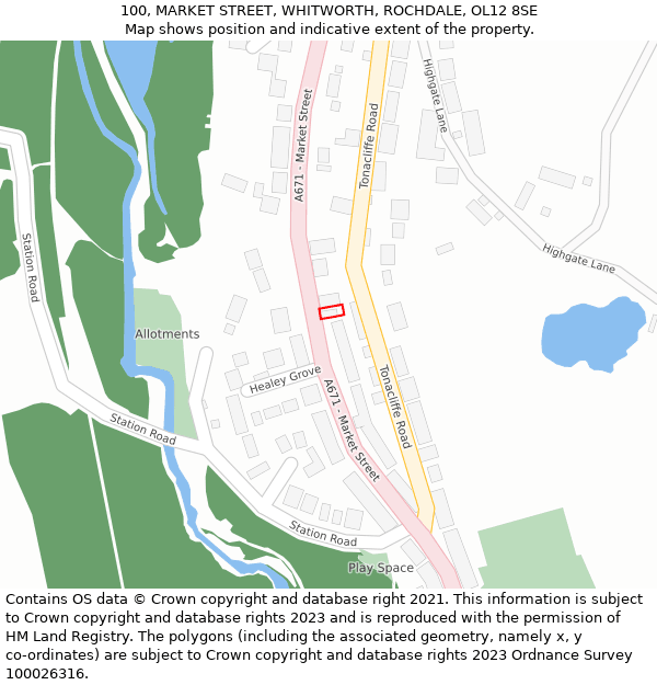 100, MARKET STREET, WHITWORTH, ROCHDALE, OL12 8SE: Location map and indicative extent of plot