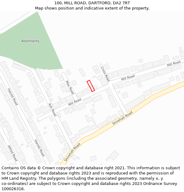 100, MILL ROAD, DARTFORD, DA2 7RT: Location map and indicative extent of plot