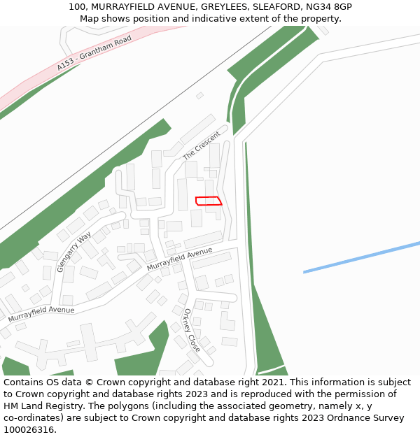 100, MURRAYFIELD AVENUE, GREYLEES, SLEAFORD, NG34 8GP: Location map and indicative extent of plot