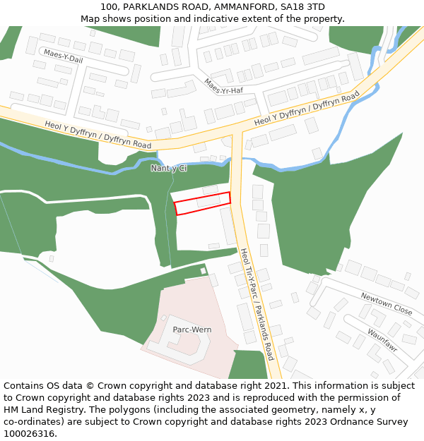 100, PARKLANDS ROAD, AMMANFORD, SA18 3TD: Location map and indicative extent of plot