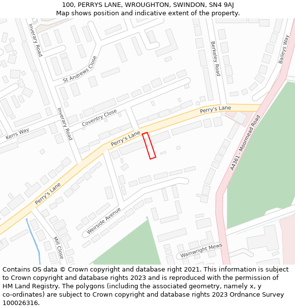 100, PERRYS LANE, WROUGHTON, SWINDON, SN4 9AJ: Location map and indicative extent of plot