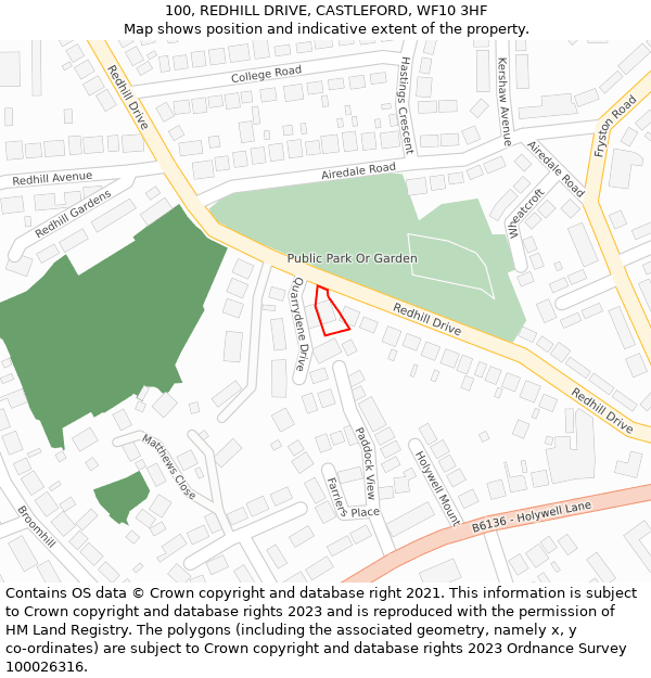100, REDHILL DRIVE, CASTLEFORD, WF10 3HF: Location map and indicative extent of plot