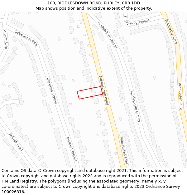 100, RIDDLESDOWN ROAD, PURLEY, CR8 1DD: Location map and indicative extent of plot