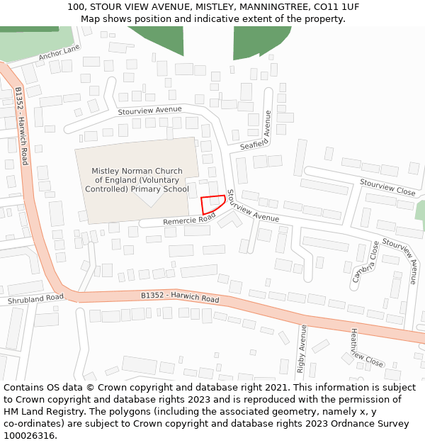 100, STOUR VIEW AVENUE, MISTLEY, MANNINGTREE, CO11 1UF: Location map and indicative extent of plot