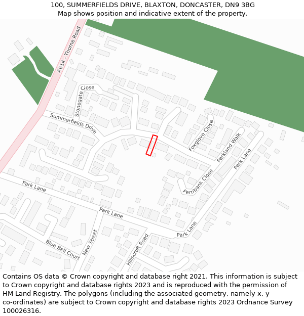 100, SUMMERFIELDS DRIVE, BLAXTON, DONCASTER, DN9 3BG: Location map and indicative extent of plot