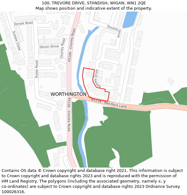 100, TREVORE DRIVE, STANDISH, WIGAN, WN1 2QE: Location map and indicative extent of plot