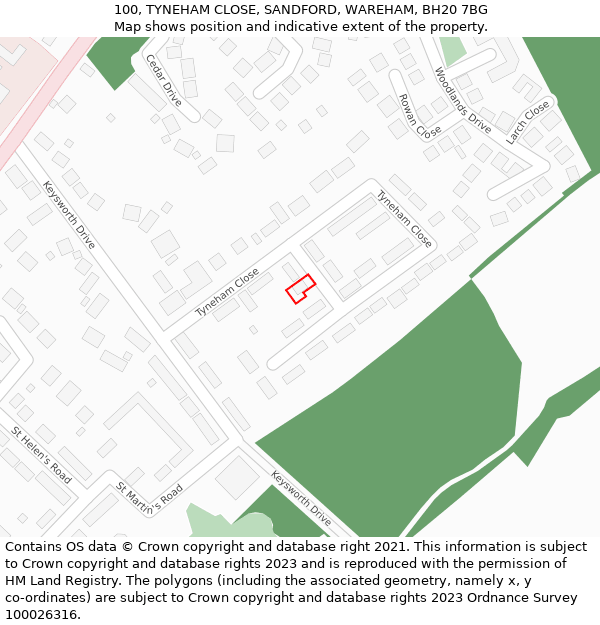 100, TYNEHAM CLOSE, SANDFORD, WAREHAM, BH20 7BG: Location map and indicative extent of plot