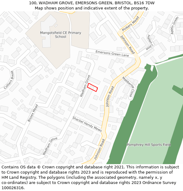 100, WADHAM GROVE, EMERSONS GREEN, BRISTOL, BS16 7DW: Location map and indicative extent of plot