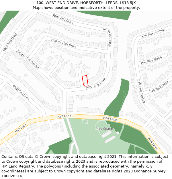 100, WEST END DRIVE, HORSFORTH, LEEDS, LS18 5JX: Location map and indicative extent of plot