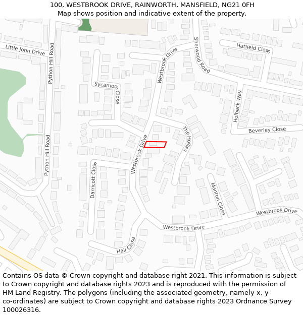 100, WESTBROOK DRIVE, RAINWORTH, MANSFIELD, NG21 0FH: Location map and indicative extent of plot