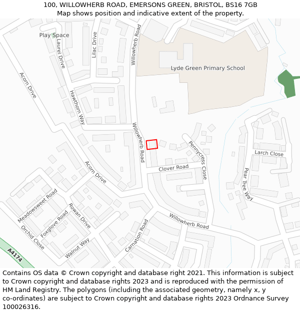 100, WILLOWHERB ROAD, EMERSONS GREEN, BRISTOL, BS16 7GB: Location map and indicative extent of plot