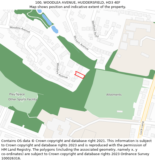 100, WOODLEA AVENUE, HUDDERSFIELD, HD3 4EF: Location map and indicative extent of plot