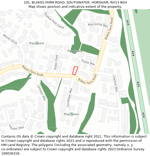 101, BLAKES FARM ROAD, SOUTHWATER, HORSHAM, RH13 9GH: Location map and indicative extent of plot