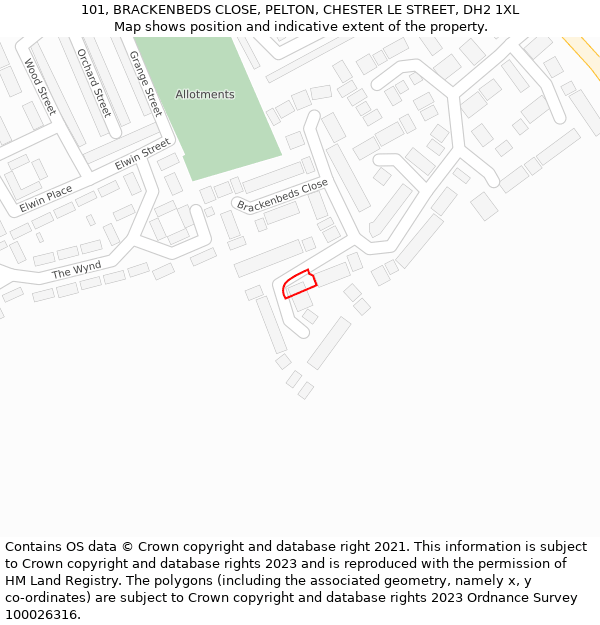 101, BRACKENBEDS CLOSE, PELTON, CHESTER LE STREET, DH2 1XL: Location map and indicative extent of plot
