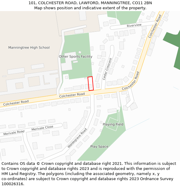 101, COLCHESTER ROAD, LAWFORD, MANNINGTREE, CO11 2BN: Location map and indicative extent of plot