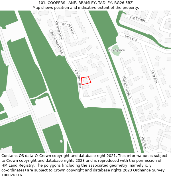 101, COOPERS LANE, BRAMLEY, TADLEY, RG26 5BZ: Location map and indicative extent of plot