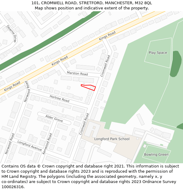 101, CROMWELL ROAD, STRETFORD, MANCHESTER, M32 8QL: Location map and indicative extent of plot