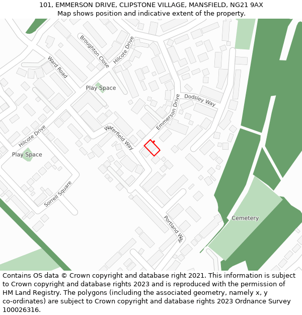 101, EMMERSON DRIVE, CLIPSTONE VILLAGE, MANSFIELD, NG21 9AX: Location map and indicative extent of plot