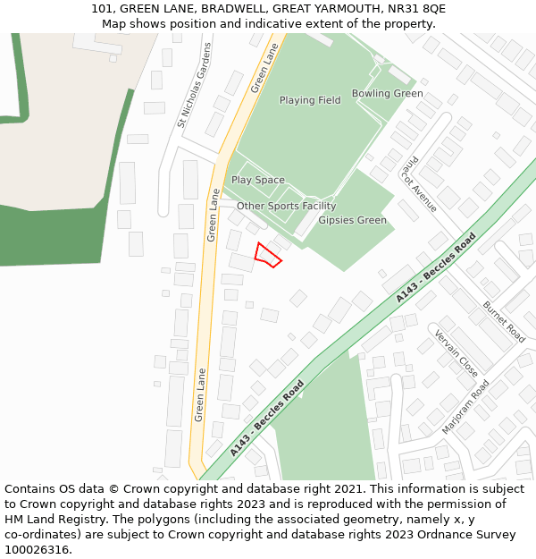 101, GREEN LANE, BRADWELL, GREAT YARMOUTH, NR31 8QE: Location map and indicative extent of plot