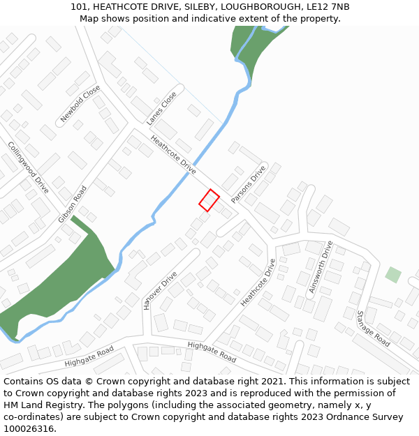 101, HEATHCOTE DRIVE, SILEBY, LOUGHBOROUGH, LE12 7NB: Location map and indicative extent of plot