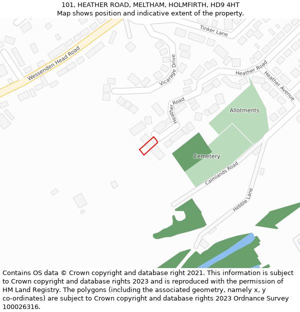 101, HEATHER ROAD, MELTHAM, HOLMFIRTH, HD9 4HT: Location map and indicative extent of plot