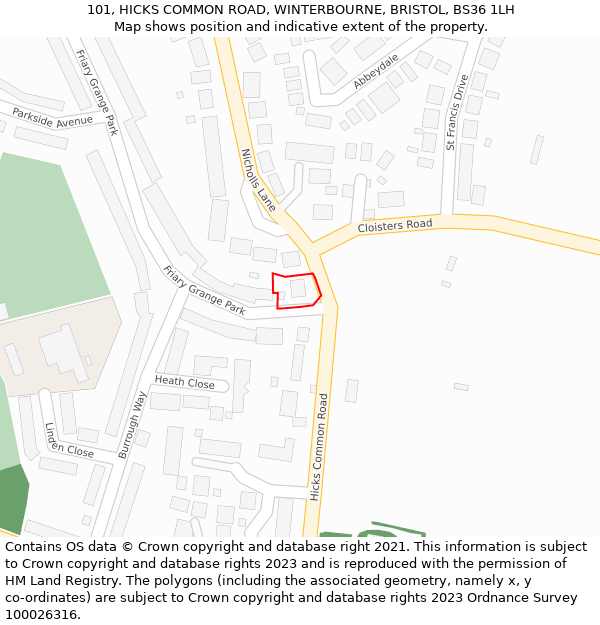 101, HICKS COMMON ROAD, WINTERBOURNE, BRISTOL, BS36 1LH: Location map and indicative extent of plot