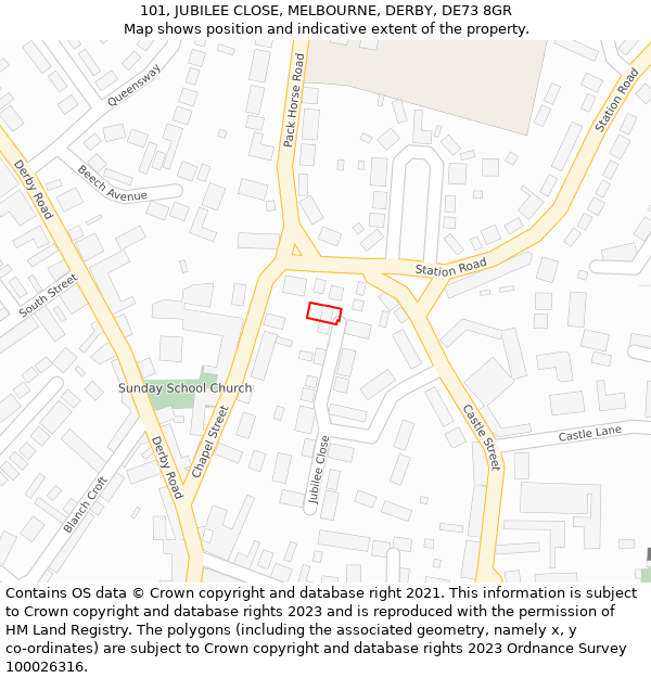 101, JUBILEE CLOSE, MELBOURNE, DERBY, DE73 8GR: Location map and indicative extent of plot