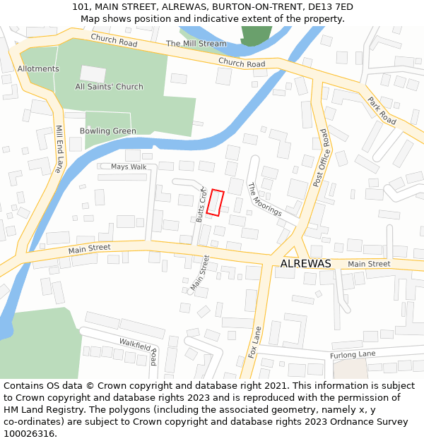 101, MAIN STREET, ALREWAS, BURTON-ON-TRENT, DE13 7ED: Location map and indicative extent of plot