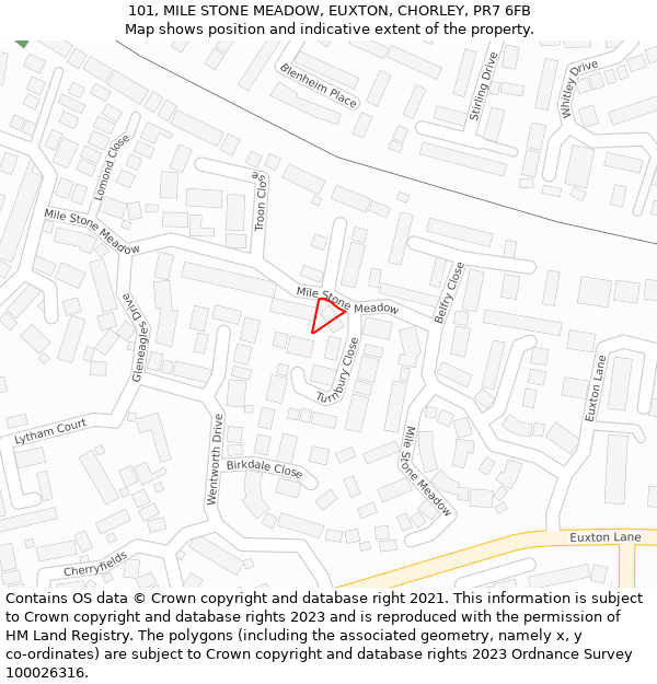 101, MILE STONE MEADOW, EUXTON, CHORLEY, PR7 6FB: Location map and indicative extent of plot