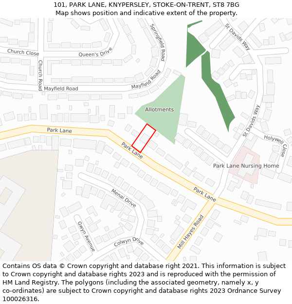 101, PARK LANE, KNYPERSLEY, STOKE-ON-TRENT, ST8 7BG: Location map and indicative extent of plot