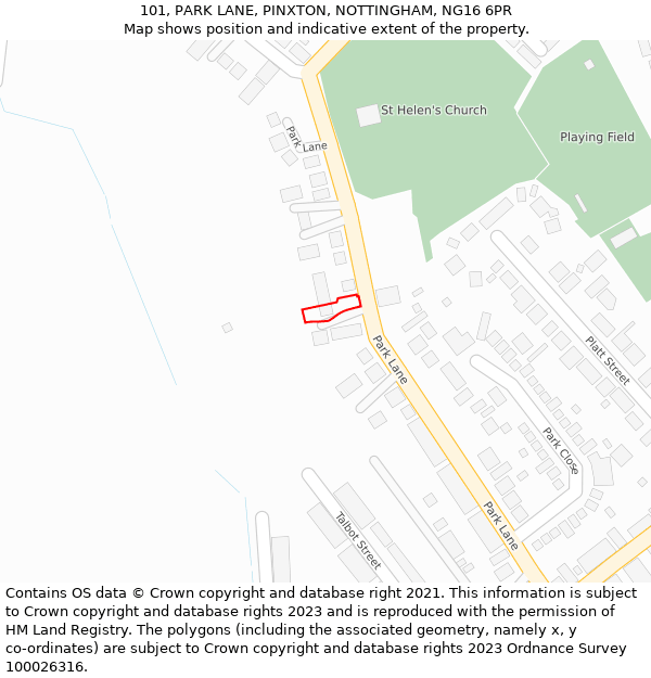 101, PARK LANE, PINXTON, NOTTINGHAM, NG16 6PR: Location map and indicative extent of plot
