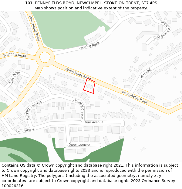 101, PENNYFIELDS ROAD, NEWCHAPEL, STOKE-ON-TRENT, ST7 4PS: Location map and indicative extent of plot