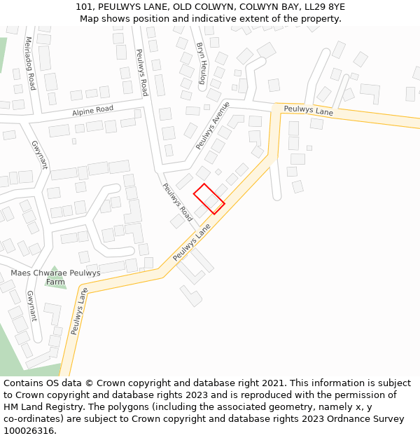 101, PEULWYS LANE, OLD COLWYN, COLWYN BAY, LL29 8YE: Location map and indicative extent of plot