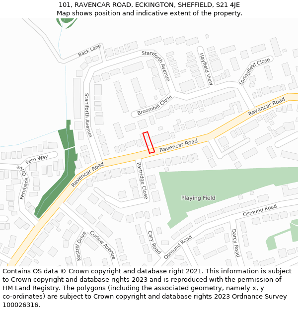 101, RAVENCAR ROAD, ECKINGTON, SHEFFIELD, S21 4JE: Location map and indicative extent of plot