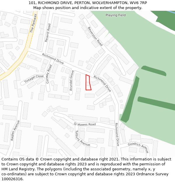 101, RICHMOND DRIVE, PERTON, WOLVERHAMPTON, WV6 7RP: Location map and indicative extent of plot