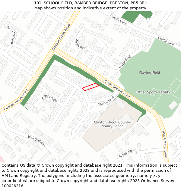 101, SCHOOL FIELD, BAMBER BRIDGE, PRESTON, PR5 8BH: Location map and indicative extent of plot