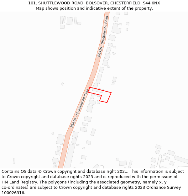 101, SHUTTLEWOOD ROAD, BOLSOVER, CHESTERFIELD, S44 6NX: Location map and indicative extent of plot