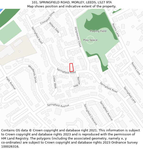 101, SPRINGFIELD ROAD, MORLEY, LEEDS, LS27 9TA: Location map and indicative extent of plot