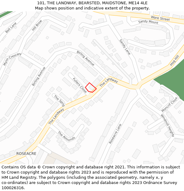 101, THE LANDWAY, BEARSTED, MAIDSTONE, ME14 4LE: Location map and indicative extent of plot